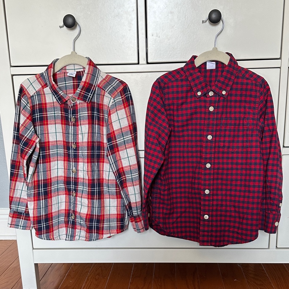 Two button down plaid kids shirts